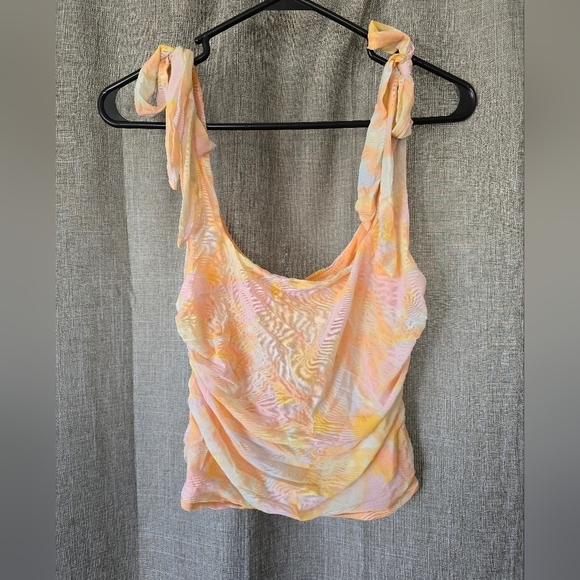 Free People Avenue Printed Ruched Tank Top Large Orange/Ivory Combo Square Neck - Picture 1 of 5